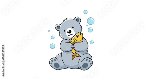 Cute cartoon gray bear cub sitting happily while hugging a big yellow fish, surrounded by bubbles on a white background.