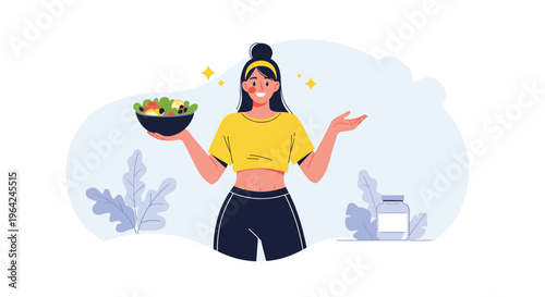 Healthy, smiling young woman holding a bowl of fresh salad, promoting a balanced diet with vitamins and supplements.