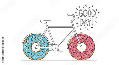 Whimsical and fun illustration of a bicycle with colorful frosted donuts for wheels, with the cheerful text 'Good Day!' above it.