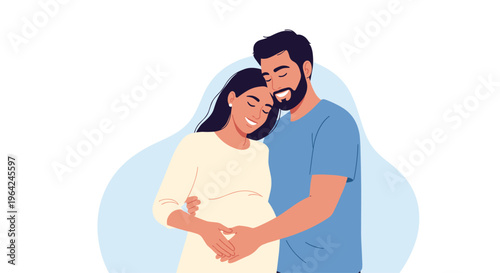 Happy and loving husband tenderly hugging his pregnant wife from behind, both with closed eyes, anticipating their new baby.