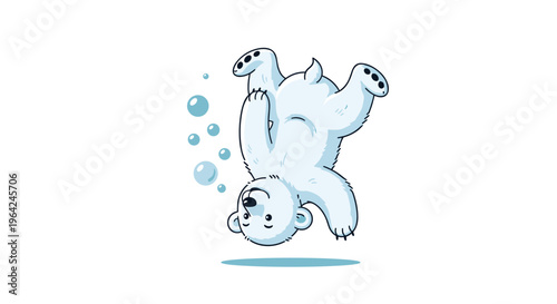 Cute cartoon baby polar bear doing a handstand underwater, with bubbles floating around, in a playful and fun illustration.