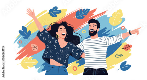 Happy and energetic young couple laughing and pointing, celebrating against a vibrant abstract background with falling leaves.