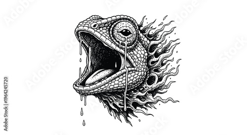 Intricate black and white hand-drawn illustration of a screaming lizard or dragon head with flames and dripping saliva.