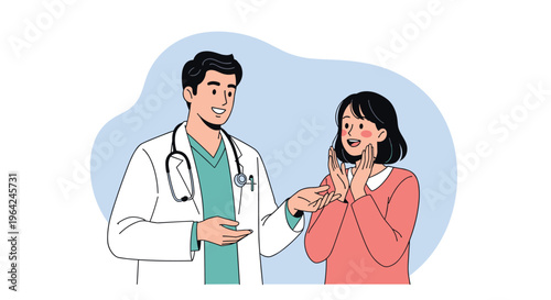 Friendly male doctor in a white coat talking and explaining a diagnosis or treatment to a surprised but happy female patient.
