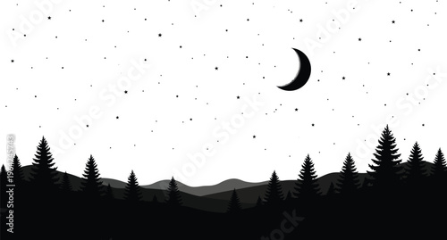 Crescent moon shines over silhouetted forest and mountains