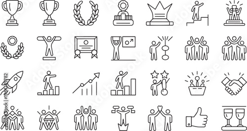 Collection of flat design icons representing various activities achievements and everyday objects