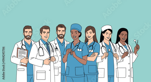 Diverse team of smiling male and female doctors and nurses in uniform standing together, representing a professional medical staff.