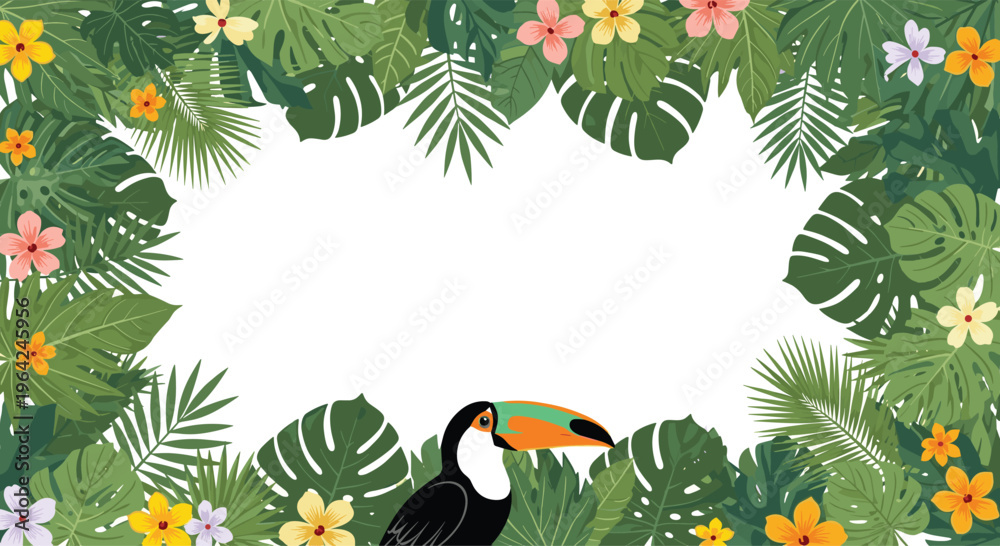 Naklejka premium Tropical summer frame with a toucan bird peeking out from behind lush green monstera leaves and colorful exotic flowers.