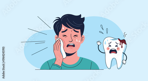 Man suffering from a severe toothache, holding his cheek in pain, with a cartoon crying tooth character with a cavity.