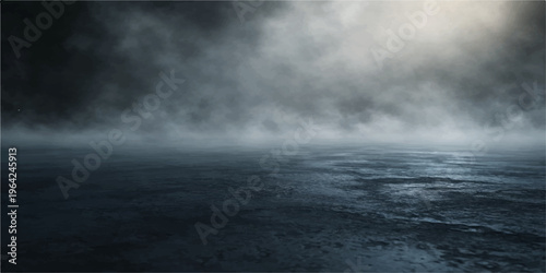 Dramatic dark storm clouds gather over a moody blue sea where natural light pierces through the heavy rain and thick fog to create an abstract heaven against the deep black ocean water