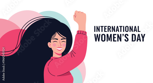 International Women's Day banner featuring a happy, empowered woman with long flowing hair raising her fist in solidarity.