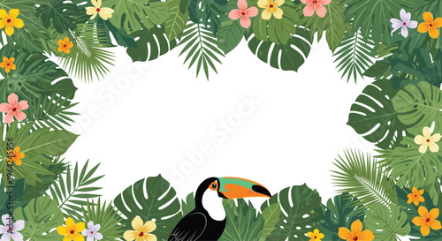 Tropical summer frame with a toucan bird peeking out from behind lush green monstera leaves and colorful exotic flowers.