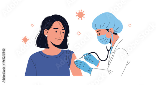 Female doctor or nurse in a mask giving a vaccine injection to a calm female patient for covid-19 or flu immunization.