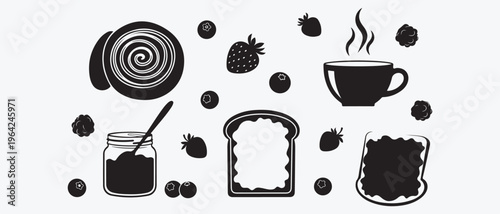 Healthy Breakfast Food Icons Set with Toast and Berries
