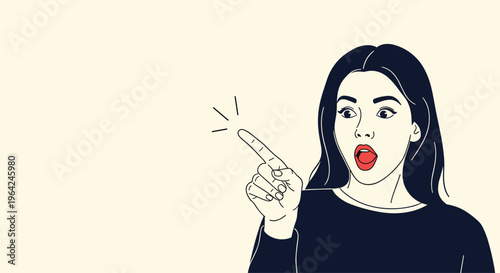 Surprised woman with an open mouth and wide eyes pointing her finger at something, with copy space for text or product.
