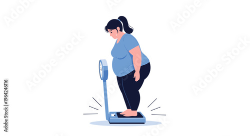 A sad, overweight woman standing on a bathroom scale, feeling discouraged about her weight and body image, illustrating diet and health challenges.