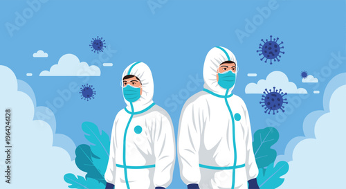 Medical professionals in full personal protective equipment, including hazmat suits and masks, standing together during the coronavirus outbreak.