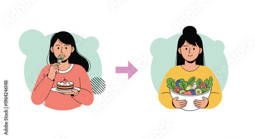 A before and after concept showing a woman choosing a healthy salad over a piece of cake, illustrating a positive lifestyle and diet transformation.