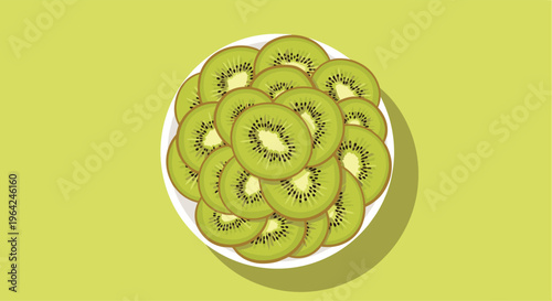 A top-down view of a white bowl filled with freshly sliced green kiwi fruit arranged in a pattern, set against a solid green background.