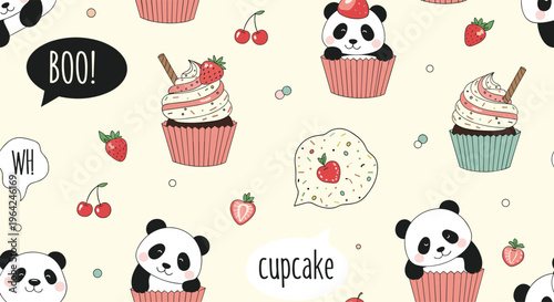 A cute and seamless pattern featuring adorable panda bears inside cupcakes, along with strawberries, cherries, and fun speech bubbles like 'BOO!'.