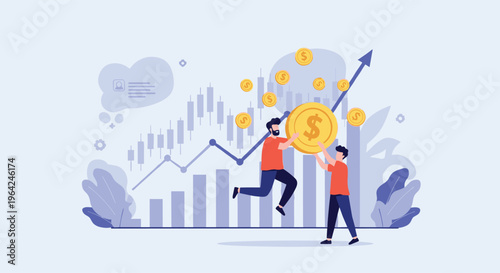 Two business people collaborating to push a large gold dollar coin up an ascending stock market chart, symbolizing financial growth and teamwork.