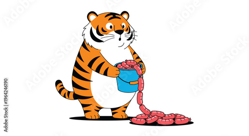 A funny cartoon tiger character standing and holding a blue bucket that is overflowing with a long, continuous string of delicious sausages.