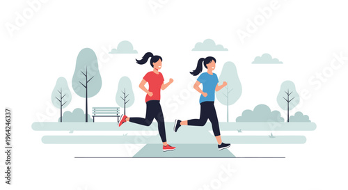 Two happy young women in sportswear jogging together on a path in a city park, enjoying a healthy and active outdoor lifestyle.