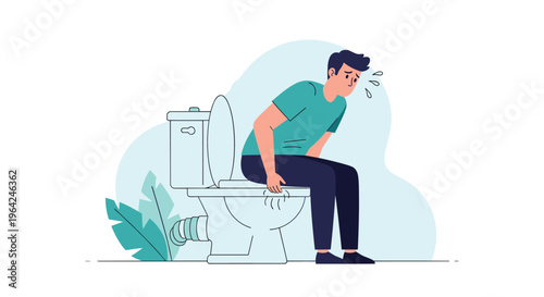 A sick man sitting on the toilet with stomach pain, sweating and looking unwell, illustrating symptoms of diarrhea or constipation.