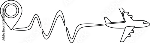 Airplane flight path travel route icon, location pin with wavy line connection, aviation journey symbol, navigation outline illustration for tourism concept