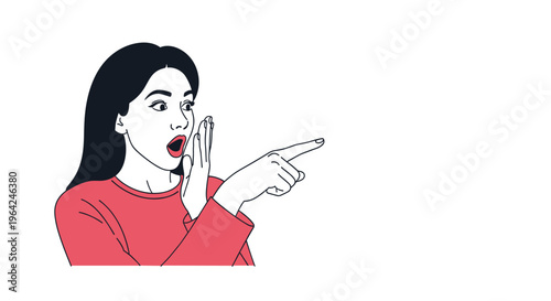 A shocked or surprised woman pointing to the side with an open mouth and wide eyes, as if sharing gossip or seeing something amazing.