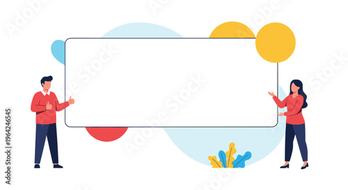 A man and a woman standing on either side of a large, blank white board, presenting it with positive gestures for your text or message.