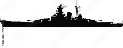 Battleship silhouette, naval warship, heavy gun turrets, radar masts, military vessel, ocean defense, war concept, maritime engineering, black illustration artwork