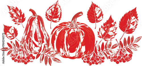 Autumn harvest illustration with pumpkin and gourd, fall leaves and berries decorative seasonal design, Thanksgiving holiday symbol for nature, food, and celebration