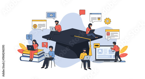 Students using laptops for e-learning and online courses, sitting around a giant graduation cap, symbolizing modern digital education.
