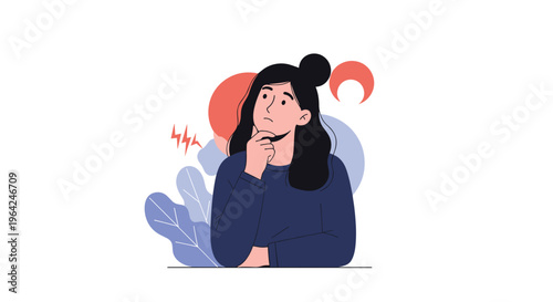 A young woman with a pensive expression, touching her chin as she thinks deeply, surrounded by abstract shapes and plants in the background.