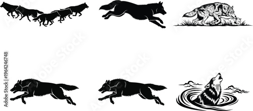 Collection of horse silhouettes in various running poses with abstract art