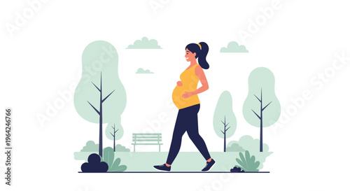 A happy pregnant woman in sportswear taking a healthy walk in a beautiful city park with trees and a bench in the background.