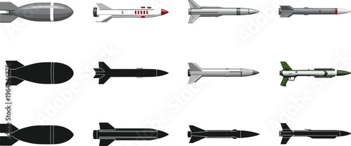 Bombs and missiles silhouettes, military weapons, aerial bombs, guided missiles, defense technology, war concept, combat equipment, black illustration artwork
