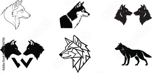 Collection of six unique wolf logo designs in various styles and formats
