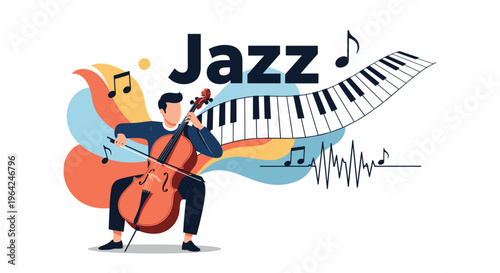 A man playing the cello as part of a jazz music concept, with a floating piano keyboard and musical notes creating a dynamic composition.