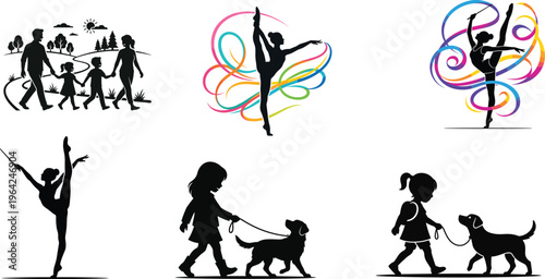 Silhouette illustrations of people engaging in various activities and hobbies with colorful designs