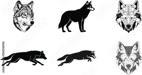 Collection of six black and white wolf illustrations in various poses and styles