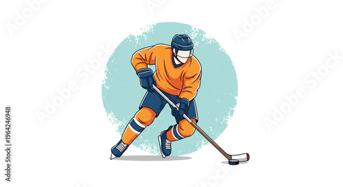 An ice hockey player in full gear, including a helmet and pads, skating quickly across the ice and controlling the puck with his stick.