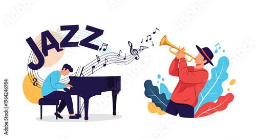 A jazz music scene with one musician playing the grand piano and another playing the trumpet, with musical notes flowing between them.