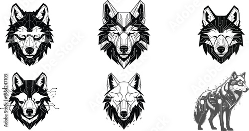Collection of six detailed wolf illustrations in black and white