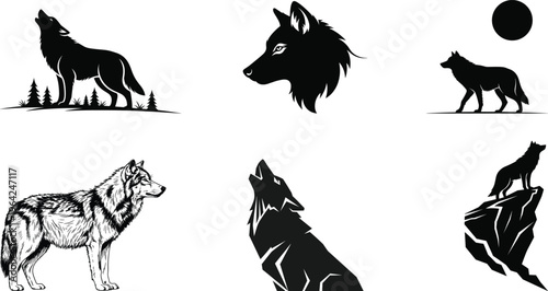 Collection of six wolf silhouettes and illustrations in various poses