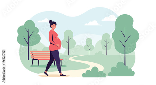 A cheerful pregnant woman enjoying a peaceful walk along a winding path in a lovely park with green trees and a clear sky.