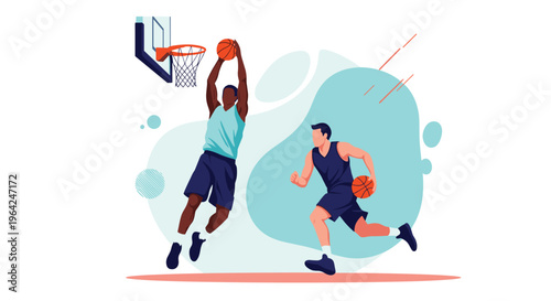 Two basketball players in action on a court, with one player jumping high to perform a slam dunk while the other defends.