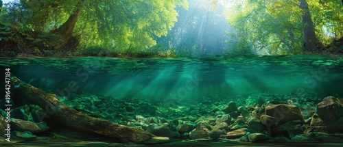 Aquatic ecosystem background with underwater plants and tree trunks, highlighting the importance of clean water and nature preservation, suitable for use in posters, brochures, or websites.