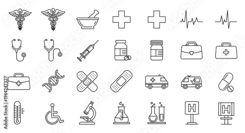 Medical icons set including stethoscope syringe ambulance and pills on white background for healthcare and medicine concepts